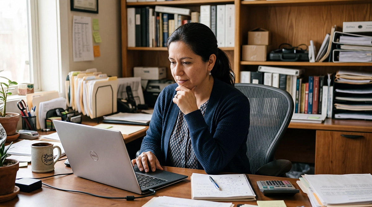 Small business owner focused at her desk, working on a laptop surrounded by binders and paperwork