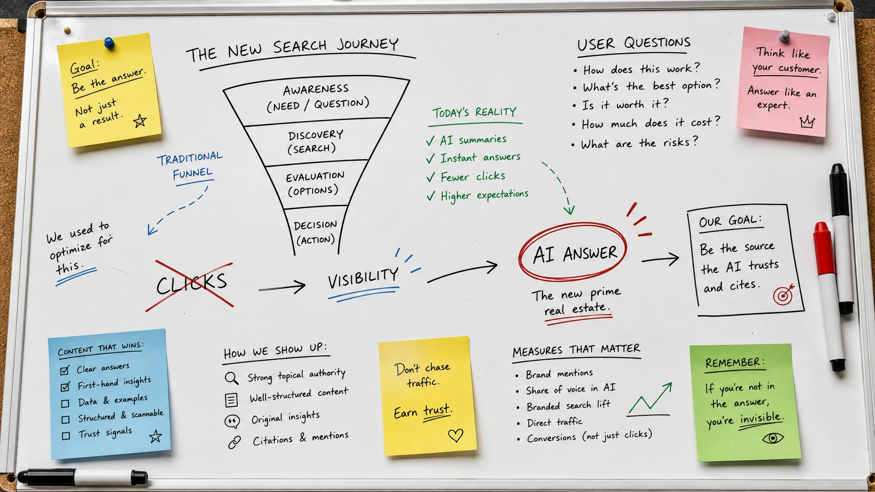 Whiteboard with a hand-drawn search funnel showing the shift from blue links to AI-generated answers