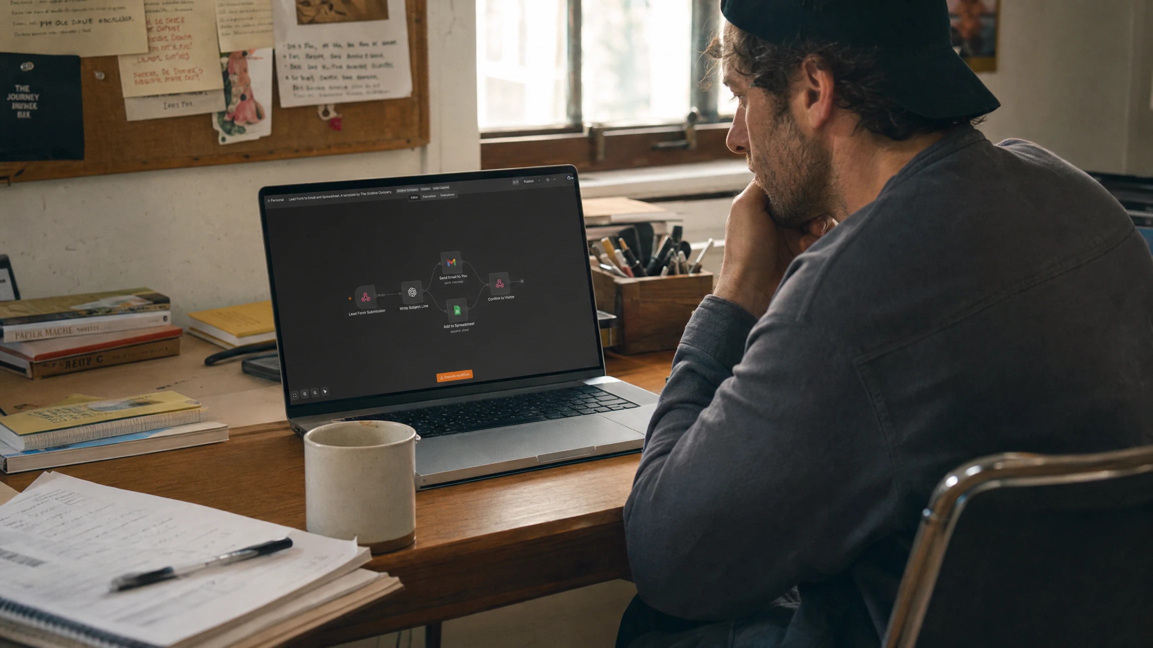 Small business owner at a desk reviewing a workflow automation diagram on their laptop