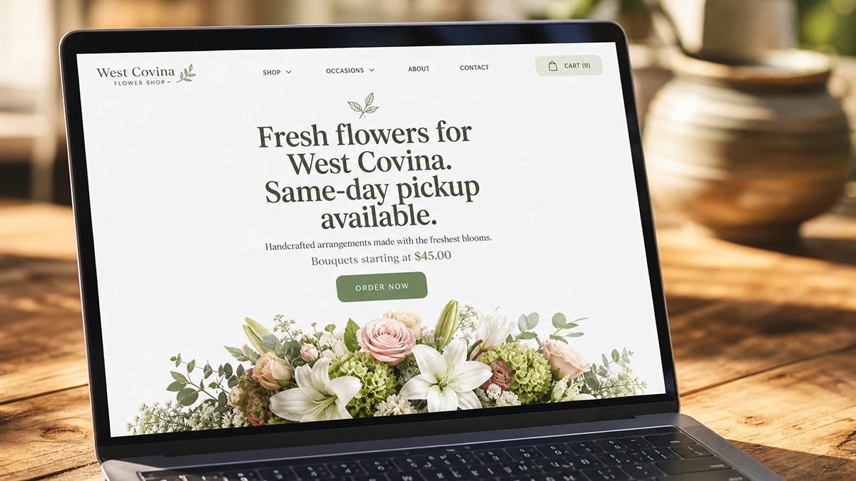Close-up of a laptop showing a clean, readable small business website homepage
